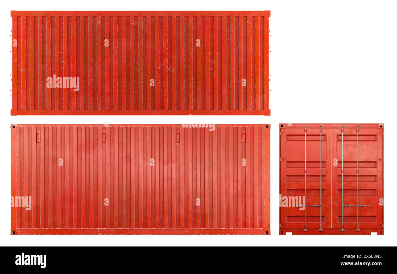 illustrazione di rendering 3d di una serie di container di carico in più viste isometriche ortograppiche. Aperto e chiuso. Colore rosso. Foto Stock