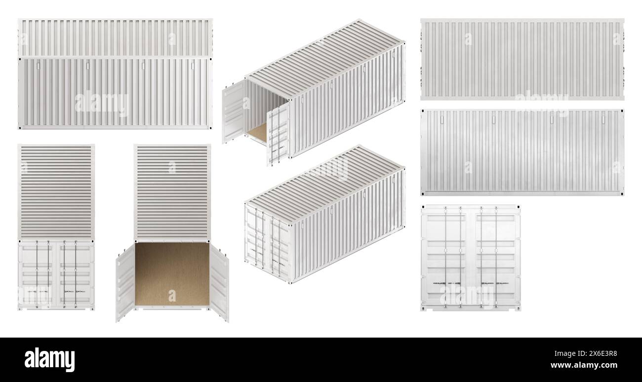 illustrazione di rendering 3d di una serie di container di carico in più viste isometriche ortograppiche. Aperto e chiuso. Colore bianco. Foto Stock