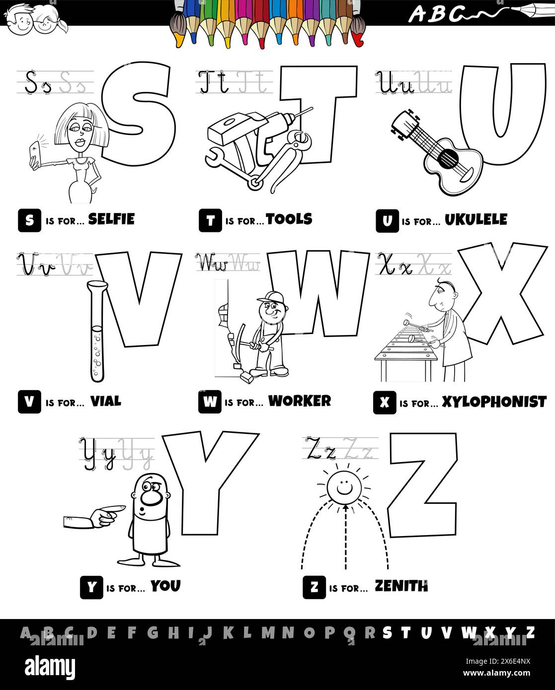 Cartoni animati in bianco e nero illustrazione di lettere maiuscole alfabeto educativo set per la pratica di lettura e scrittura per bambini di età elementare Da S t Illustrazione Vettoriale