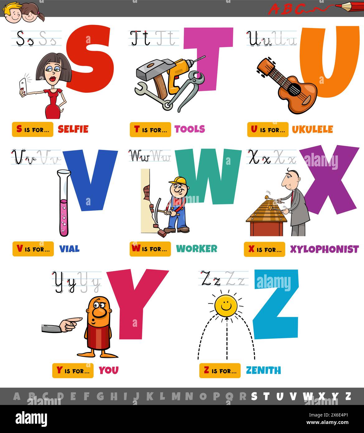 Cartoon illustrazione di lettere maiuscole alfabeto educativo set per la lettura E la pratica di scrittura per i bambini di età elementare da S a. Z Illustrazione Vettoriale