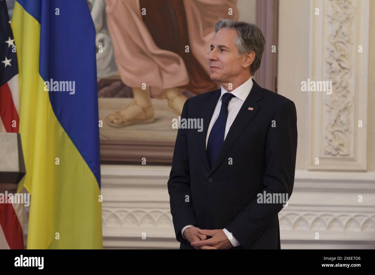 KIEV, UCRAINA - 14 MAGGIO 2024 - il Segretario di Stato degli Stati Uniti Antony Blinken è raffigurato durante la sua visita al Politecnico di Ihor Sikorsky Kyiv per tenere un discorso, Kiev, capitale dell'Ucraina Foto Stock