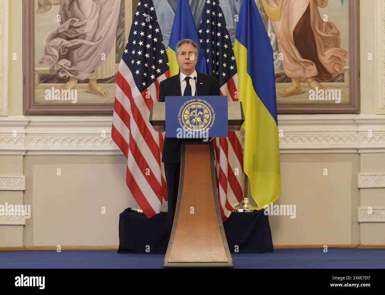 KIEV, UCRAINA - 14 MAGGIO 2024 - il Segretario di Stato americano Antony Blinken tiene un discorso presso l'Istituto Politecnico di Kiev Ihor Sikorsky, Kiev, capitale dell'Ucraina Foto Stock