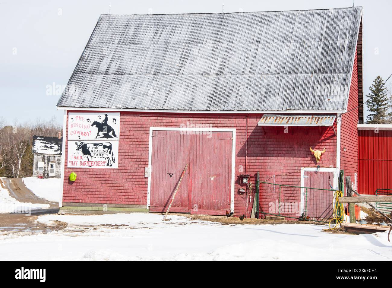 Fienile rosso nella fattoria Keating a Whitney a Miramichi, New Brunswick, Canada Foto Stock