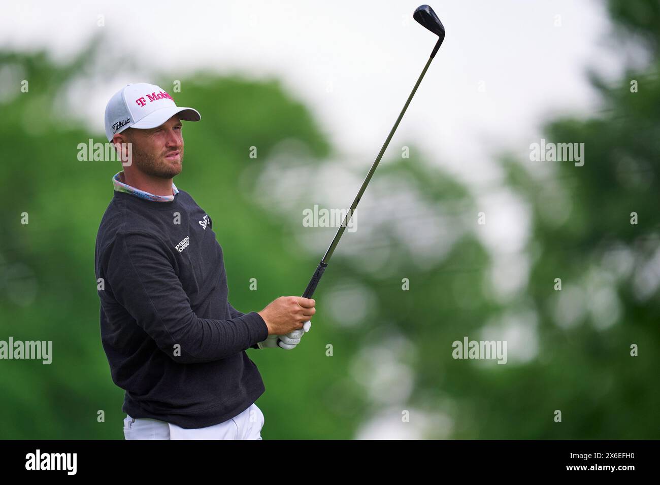 Wyndham Clark degli Stati Uniti in azione durante un round di prove prima del 2024 PGA Championship al Valhalla Golf Club il 14 maggio 2024 a Louis Foto Stock