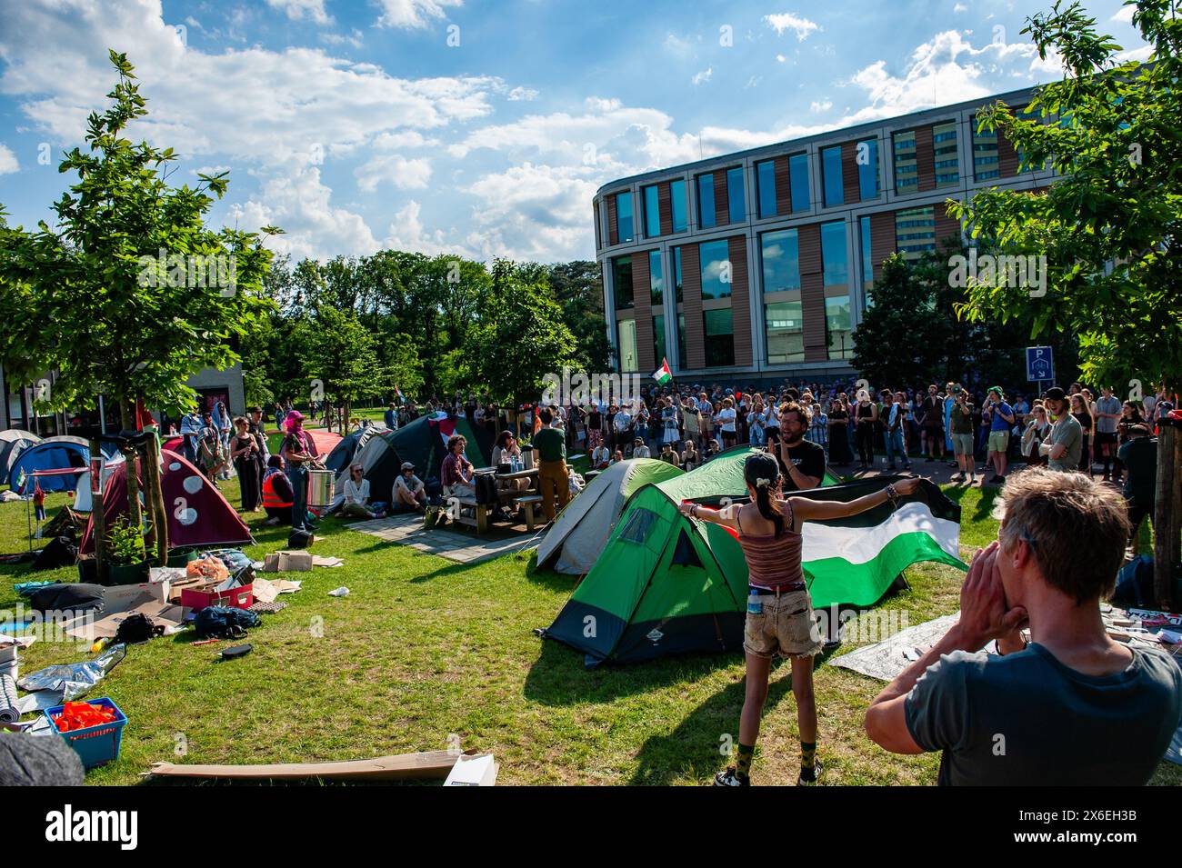 Gli studenti gridano slogan a sostegno della Palestina durante un accampamento al campus della Radboud University. A seguito delle proteste degli studenti nei campus di Amsterdam e Utrecht la scorsa settimana, gli studenti di Nijmegen hanno allestito un campo nel campus dell'Università Radboud. Gli studenti e il personale hanno chiesto alle istituzioni olandesi di porre fine alla loro complicità nel “genocidio in corso” a Gaza e denunciare i metodi violenti utilizzati dalla polizia per reprimere i manifestanti pacifici. Secondo il sindaco di Nijmegen, Hubert Bruls, per il momento gli studenti sono autorizzati a rimanere lì. Foto Stock