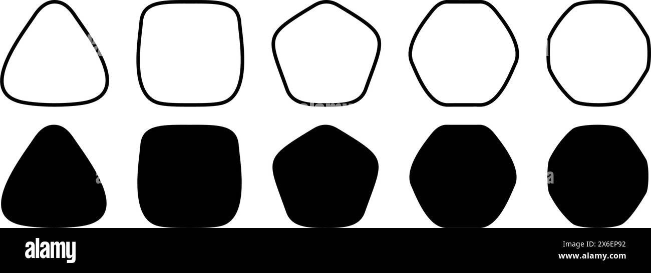 Set di figure geometriche nere con spigoli arrotondati. Forme triangolari, quadrate o scoiattoli, pentagono, esagonali e ottagoni isolate su sfondo bianco. Illustrazione grafica vettoriale. Illustrazione Vettoriale