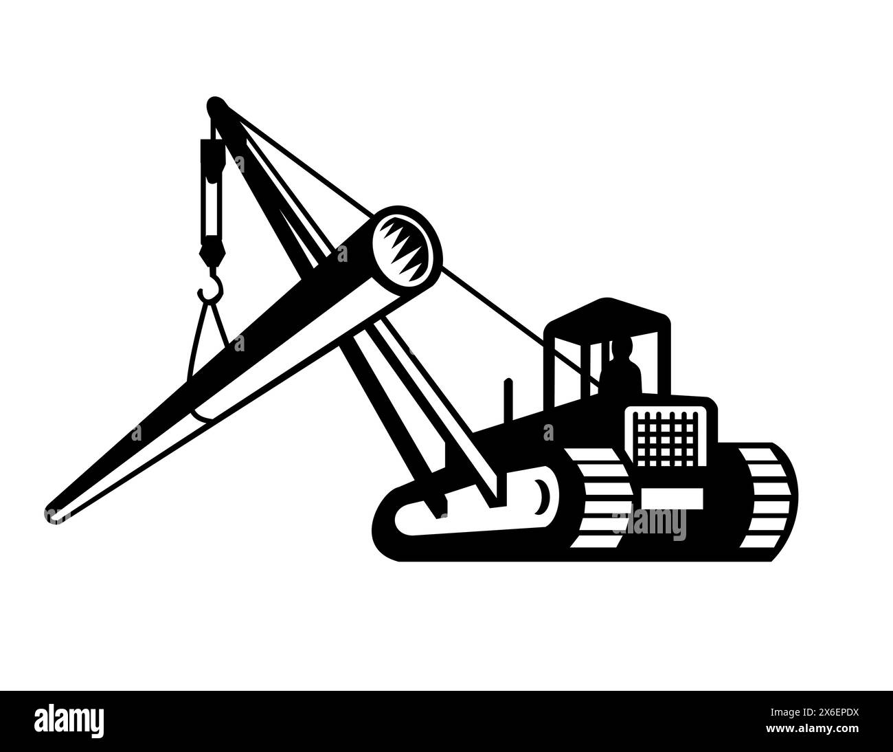 Immagine a mascotte di un escavatore con braccio gru che posa il tubo visto da un lato con un angolo basso su sfondo isolato in bianco e nero retrò Illustrazione Vettoriale