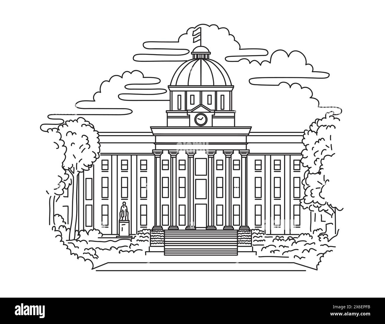 Illustrazione mono line del Campidoglio dello Stato dell'Alabama, l'edificio del campidoglio dell'Alabama situato su Capitol Hill, originariamente Goat Hill, a Montgomery, Illustrazione Vettoriale