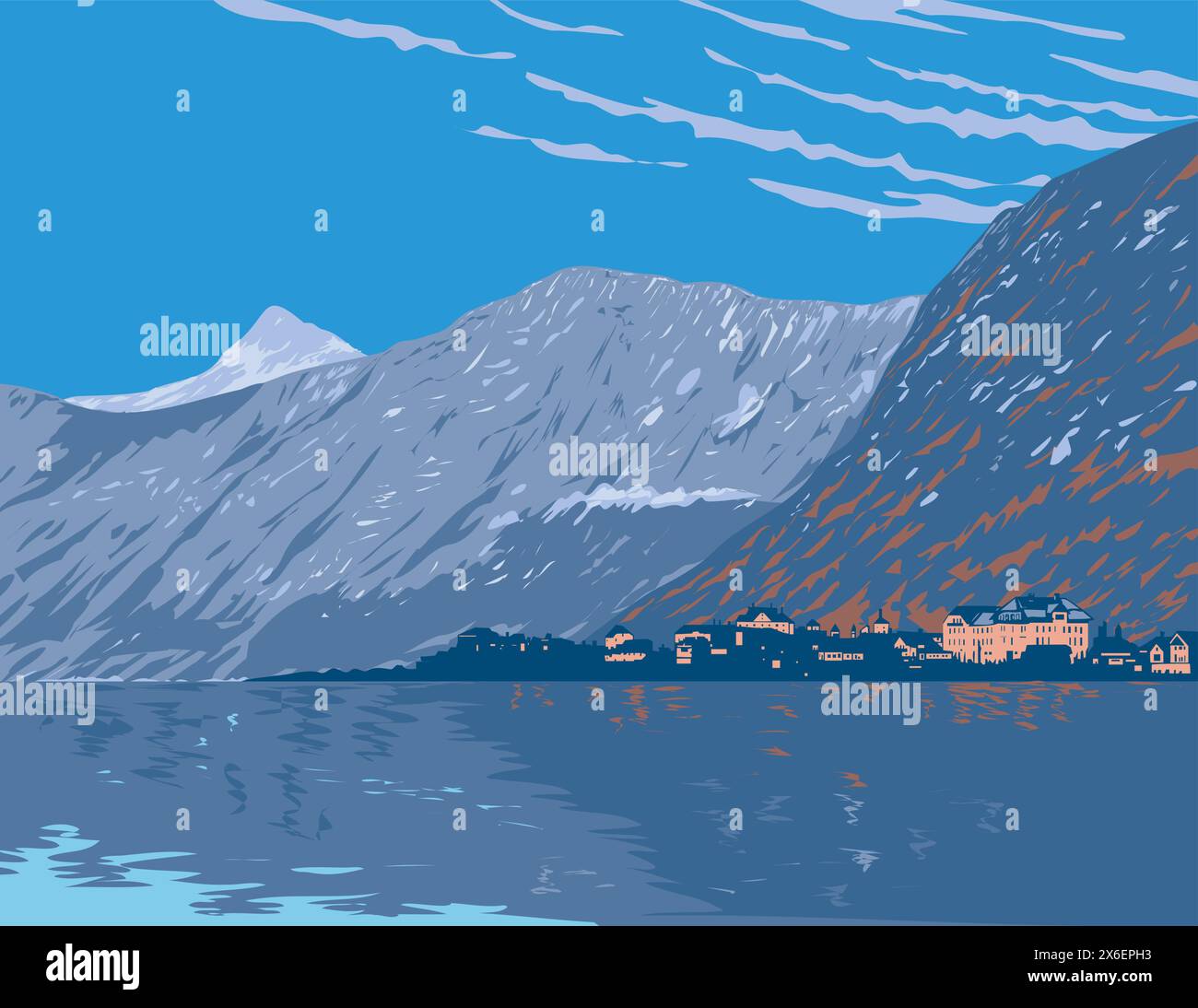 WPA poster art di Hallstatter SEE o Lago Hallstatt con la città di Hallstatt nel distretto di Gmunden, lungo le pendici del massiccio del Dachstein nel Salzkammergut, Illustrazione Vettoriale