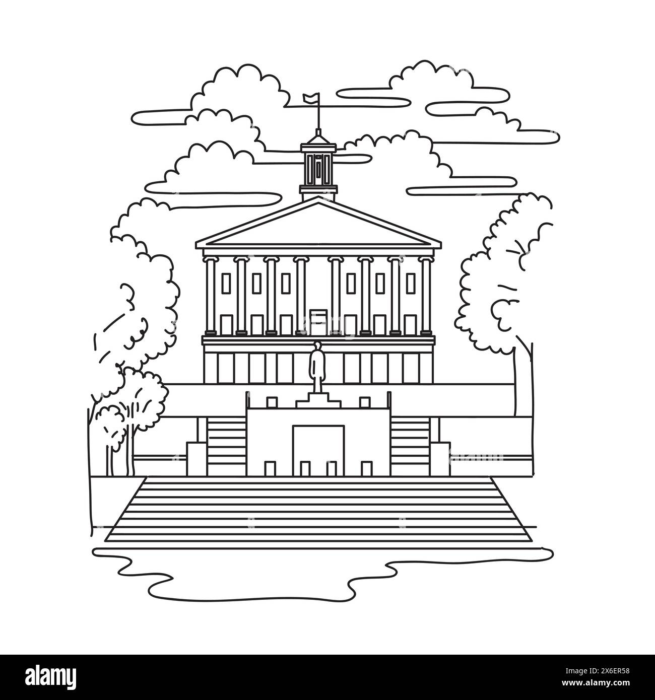 Illustrazione mono line del Campidoglio dello stato del Tennessee, situato a Nashville, Tennessee, Stati Uniti, realizzata in stile Liberty. Illustrazione Vettoriale