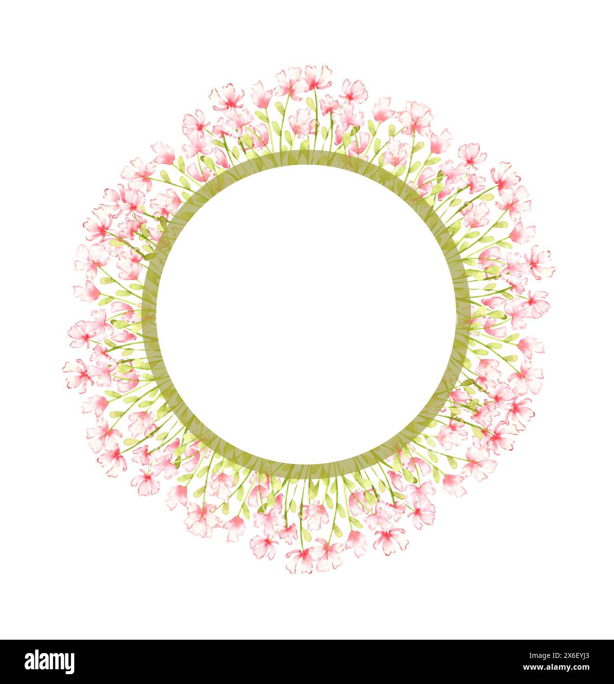 Fiori rosa, piccolo telaio da campo, corona, illustrazione ad acquerello. Prato estivo con stampa floreale e fiori selvatici. Isolato dallo sfondo. Per d Foto Stock