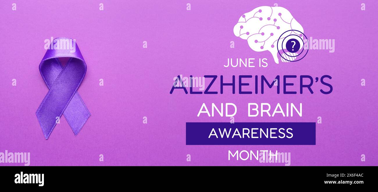 Banner per il mese di sensibilizzazione sull'Alzheimer e sul cervello con nastro di sensibilizzazione viola Foto Stock