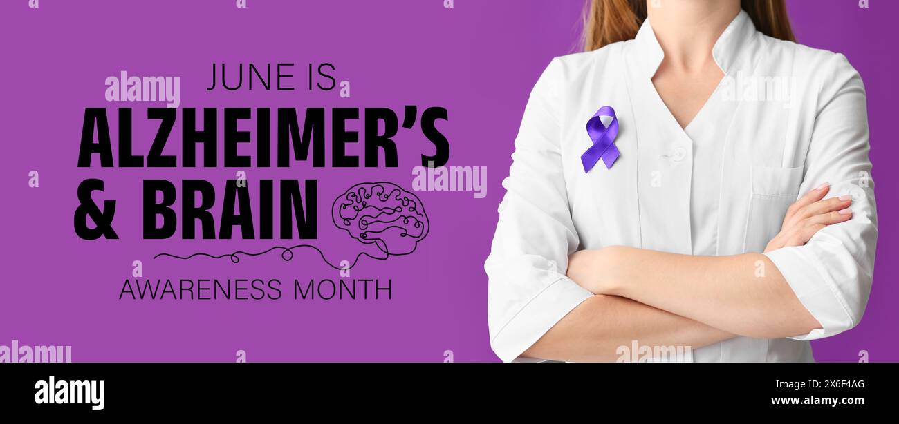 Banner per il mese di sensibilizzazione sull'Alzheimer e sul cervello con il medico e il nastro di sensibilizzazione viola fissato Foto Stock
