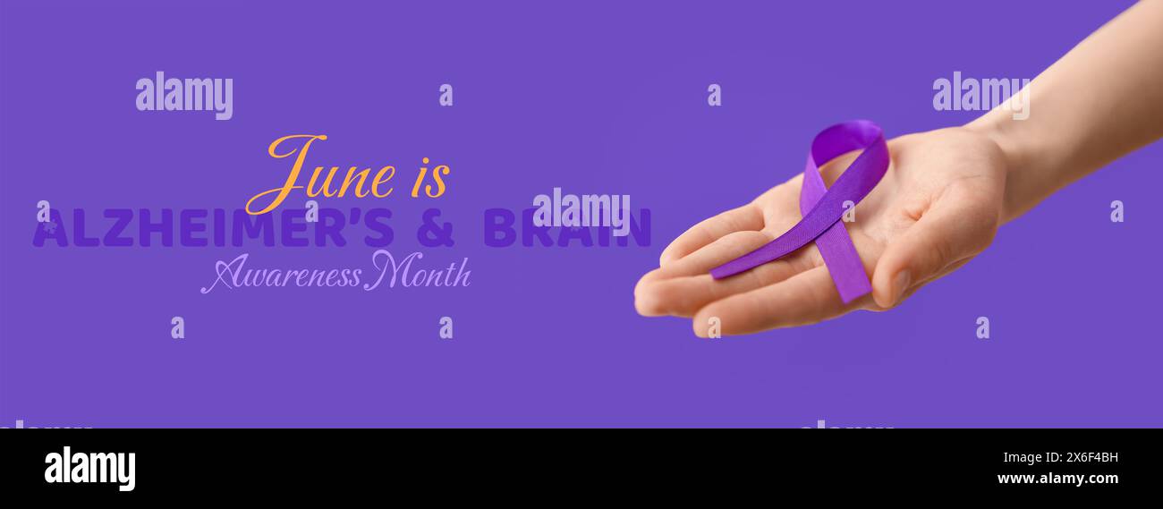 Banner per il mese di sensibilizzazione sull'Alzheimer e sul cervello con nastro di sensibilizzazione viola Foto Stock