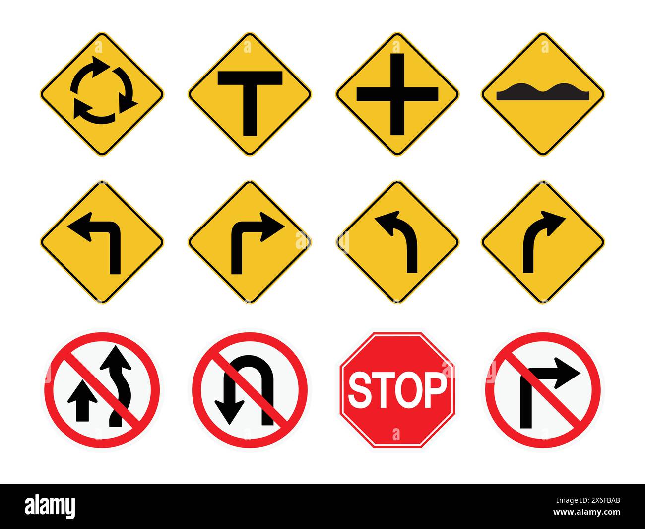 Serie di cartelli stradali, frecce di avvertenza o di pericolo, icone di direzione e informazioni, segnaletica stradale di trasporto Illustrazione Vettoriale