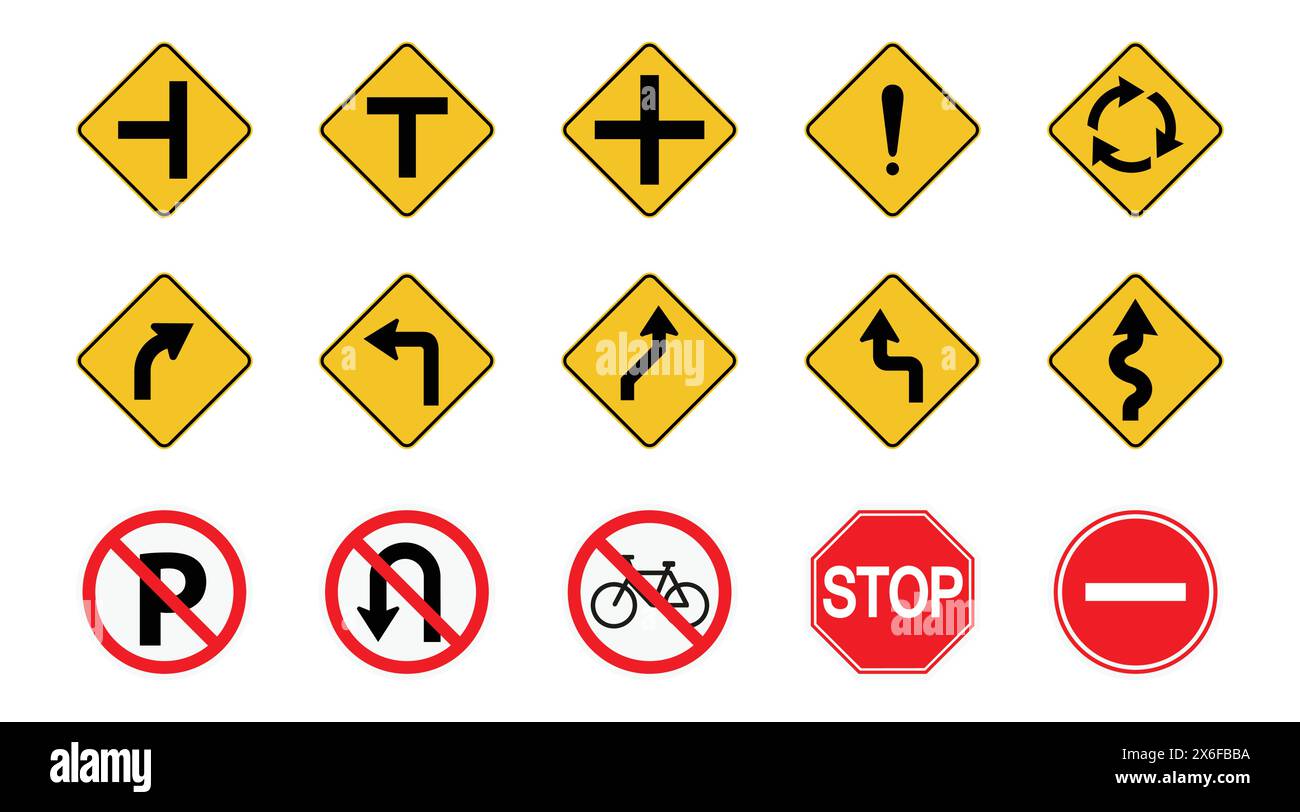 Serie di segnali stradali, frecce di attenzione o segnali di pericolo, icone di direzione e informazioni, VETTORE Illustrazione Vettoriale