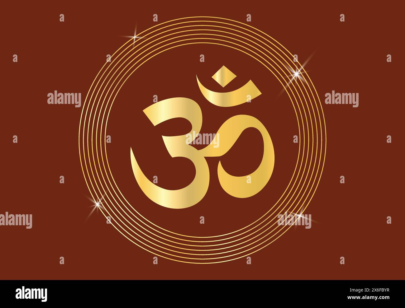 Splendido Om o ohm o rum luminoso, con mandala in tonalità oro per pareti di templi, case, lavori di interni ecc. Simbolo indù o induismo Illustrazione Vettoriale