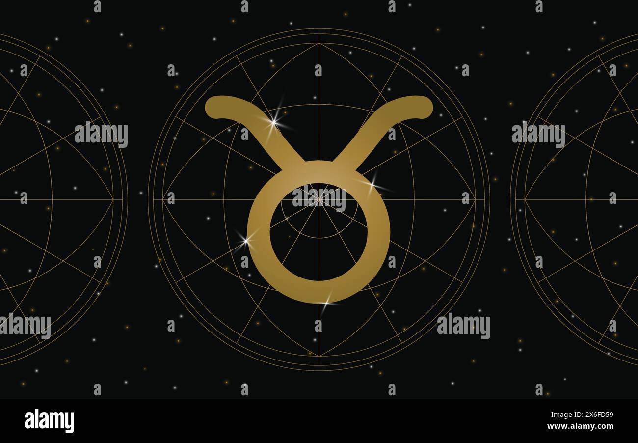 Simbolo dell'oroscopo del Toro, icona dell'astrologia, Toro è il secondo segno astrologico dello zodiaco moderno. con stelle e sfondo galassico Illustrazione Vettoriale