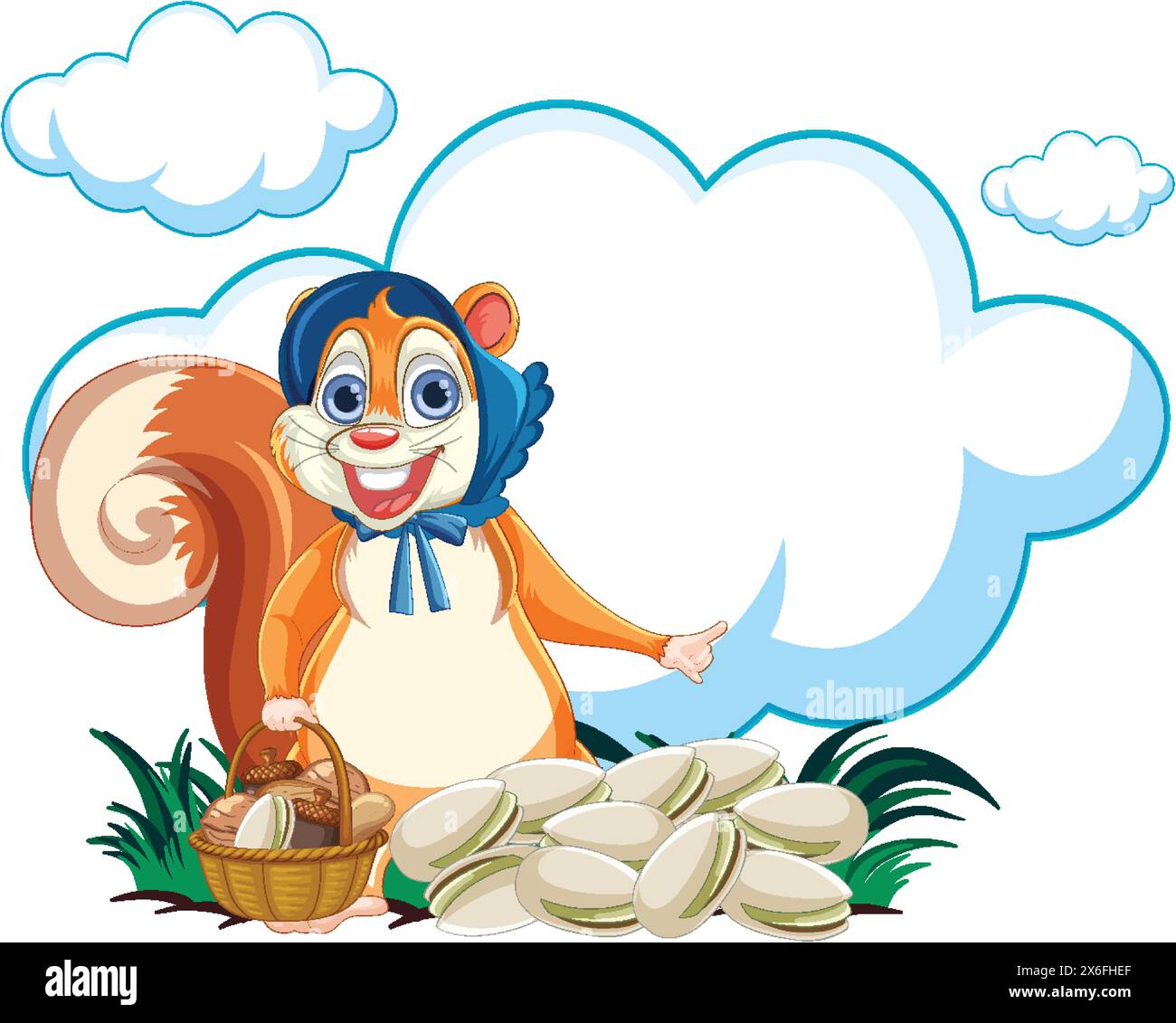 Scoiattolo cartoni animati che presenta ghiande, nuvole in sottofondo Illustrazione Vettoriale