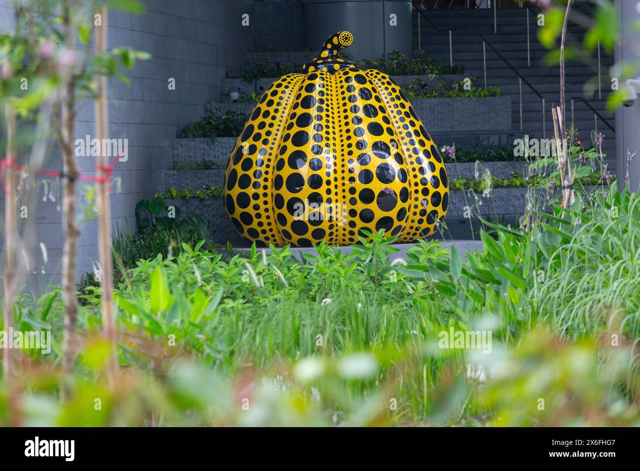Il creatore dell'artista giapponese Yayoi Kusama, famosa mostra artistica di sculture gialle di zucca di un collezionista privato a Elementum, One-North, Singapore. Foto Stock
