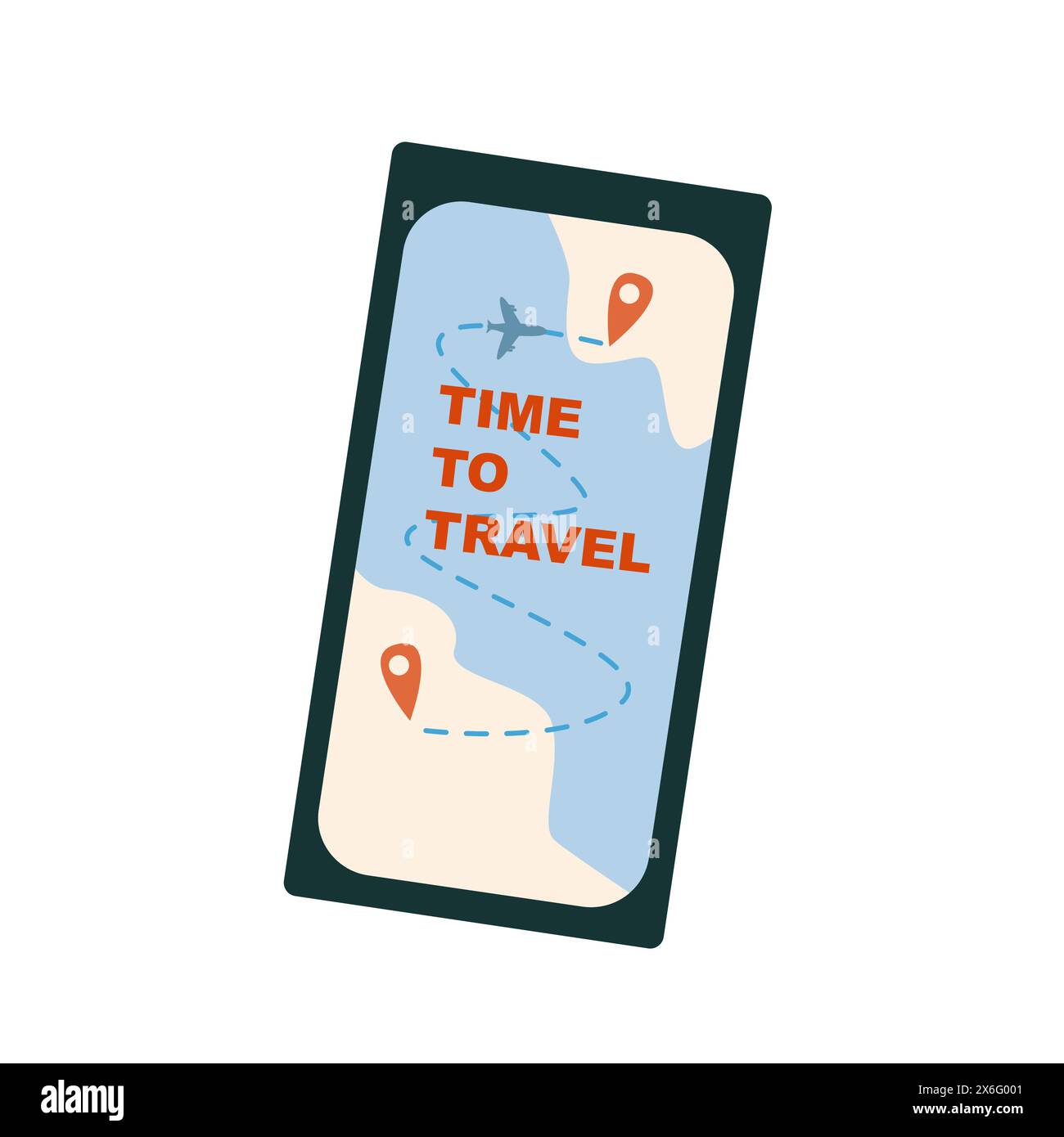 Elemento di viaggio in aereo per le vacanze estive - telefono cellulare con mappa con aereo per il concetto di viaggio in aereo. Telefono con mappa gps. Illustrazione Vettoriale