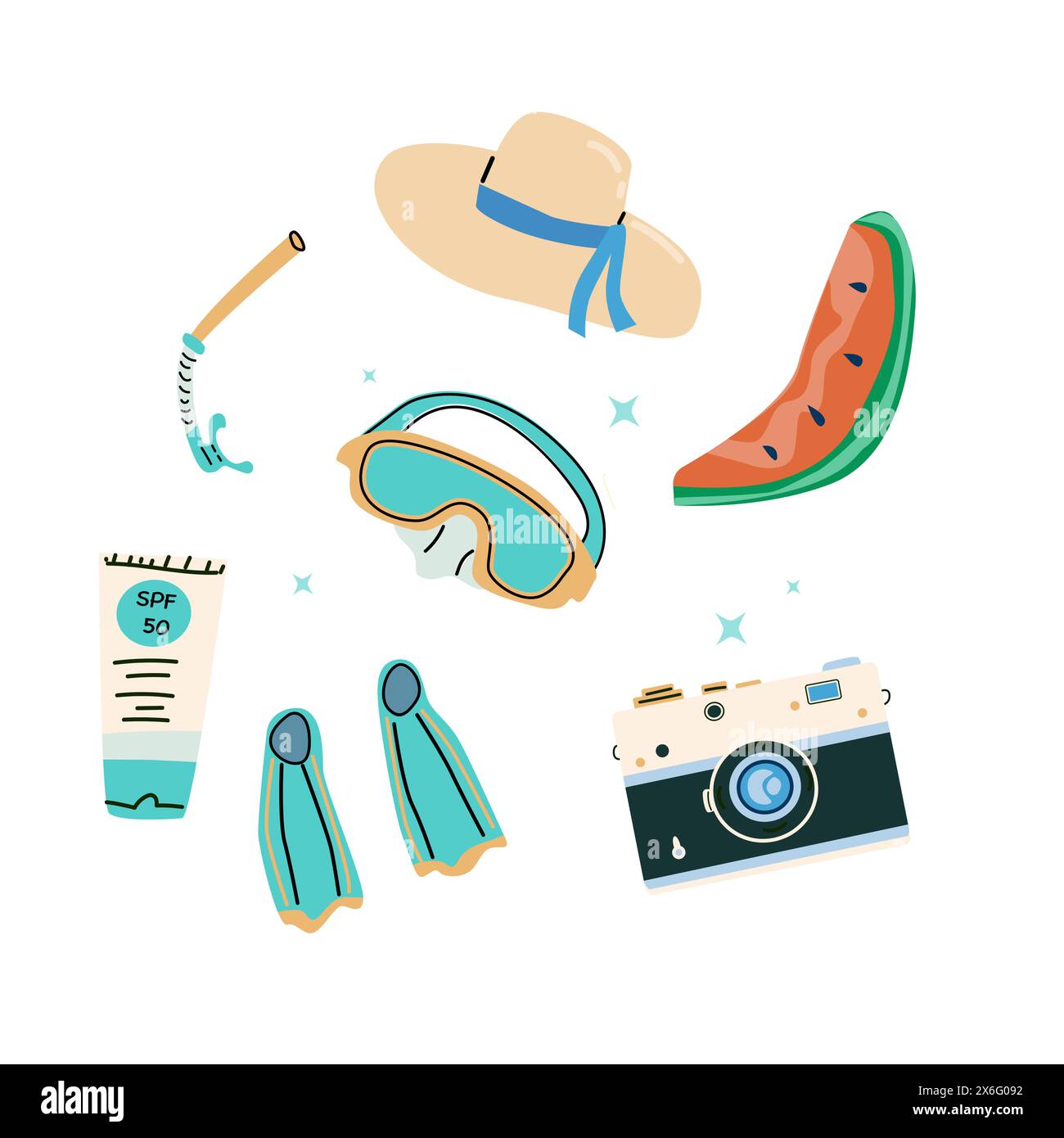 Elementi di viaggio per le vacanze estive su sfondo blu. Design resort sulla spiaggia. Fotocamera e accessori di protezione. Illustrazione Vettoriale