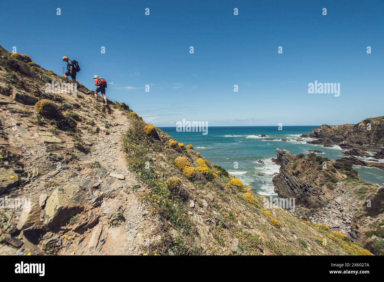 Portogallo. 28 aprile 2024. Die Strände und Steilklippen rund um das kleine Fischerdorf Azenha do Mar an der Westküste am Atlantischen Ozean, Portogallo AM 28.04.2024. Im Bild: Wanderer entlang des Fischerweges // le spiagge e le scogliere intorno al piccolo villaggio di pescatori di Azenha do Mar sulla costa occidentale dell'Oceano Atlantico, Portogallo, il 28 aprile 2024. Nella foto: Escursionisti lungo il Fischerweg - 20240428 PD18847 credito: APA-PictureDesk/Alamy Live News Foto Stock