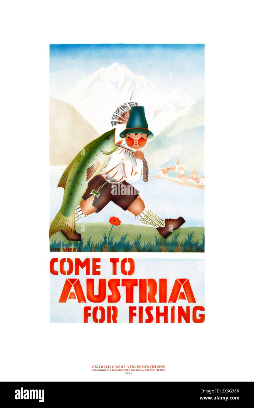 Vieni in Austria per pescare. Artista sconosciuto (DOL?). Poster pubblicato negli anni '1930 in Austria. Foto Stock