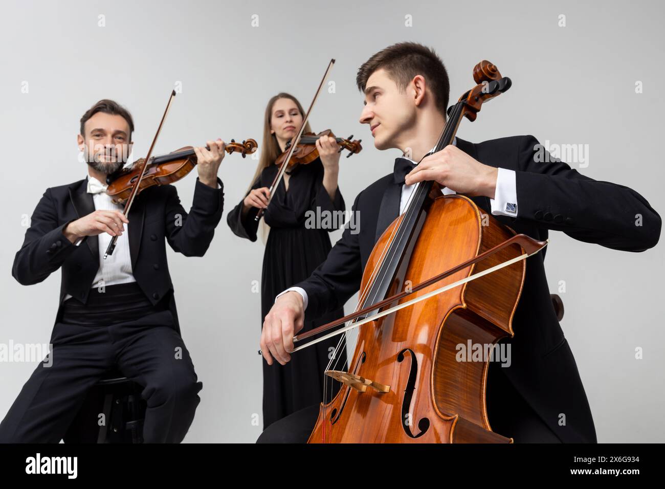 Musicisti che suonano contrabbasso e violini Foto Stock