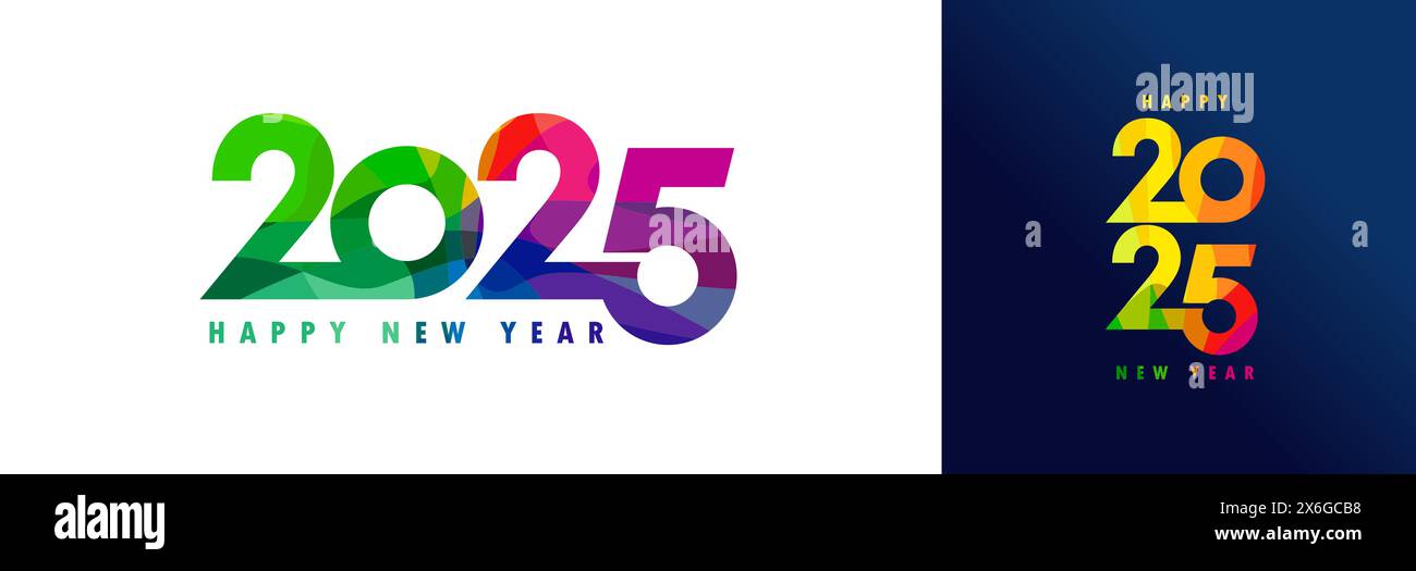 2025 buona tipografia anno nuovo disegno con logo sfaccettato colorato. Numeri 2025 con vetrate colorate, elementi di stile creativo Happy New Year. Scheda vettoriale Illustrazione Vettoriale