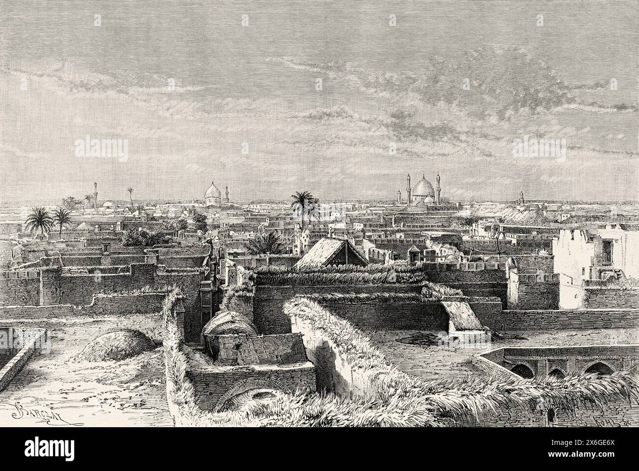 Panoramica dell'antica Cittadella e della città di Karbala, Iraq. Medio Oriente. Disegno di Barclay. Persia, Chaldea e Susiana 1881-1882 di Jane Dieulafoy (1851 - 1916) le Tour du Monde 1886 Foto Stock