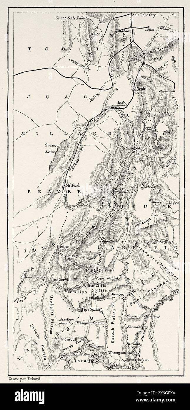 Mappa delle aree coperte da Albert Tissandier nello Utah e in Arizona. Stati Uniti. Disegno di Albert Tissandier. Viaggio di esplorazione nello Utah e in Arizona, Kanab e l'altopiano di Kaibab nel 1885. Le Tour du Monde 1886 Foto Stock