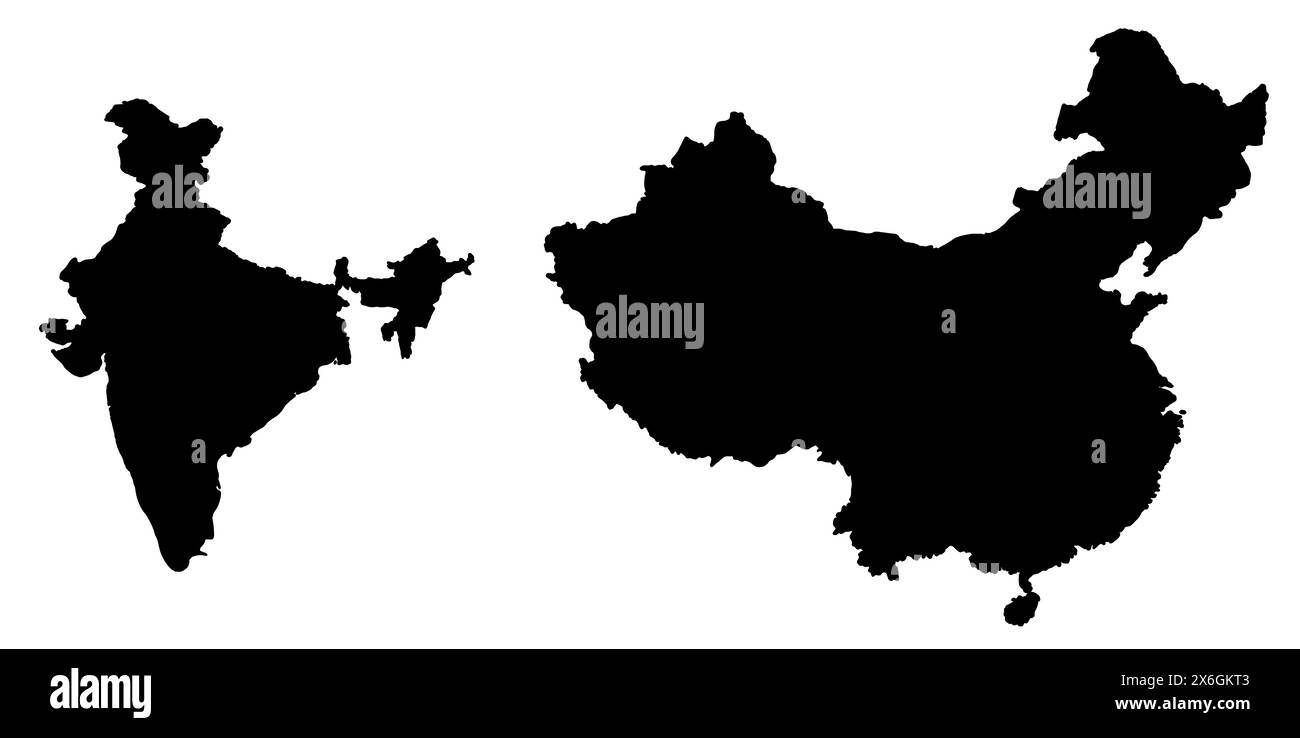 Disegno con silhouette nera di Cina e India. Illustrazione della mappa dei paesi asiatici. Foto Stock