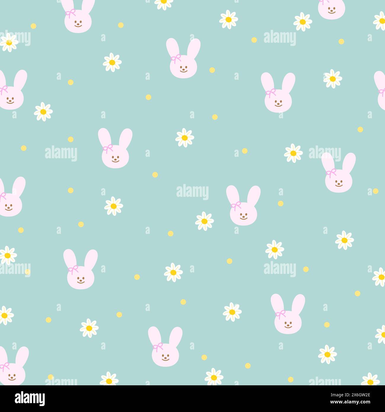 Illustrazione di coniglietto, fiori a margherita su sfondo verde menta per stampa floreale, motivi femminili, vestiti per bambini, confezione regalo, imballaggio, tessuto, carta da parati Illustrazione Vettoriale