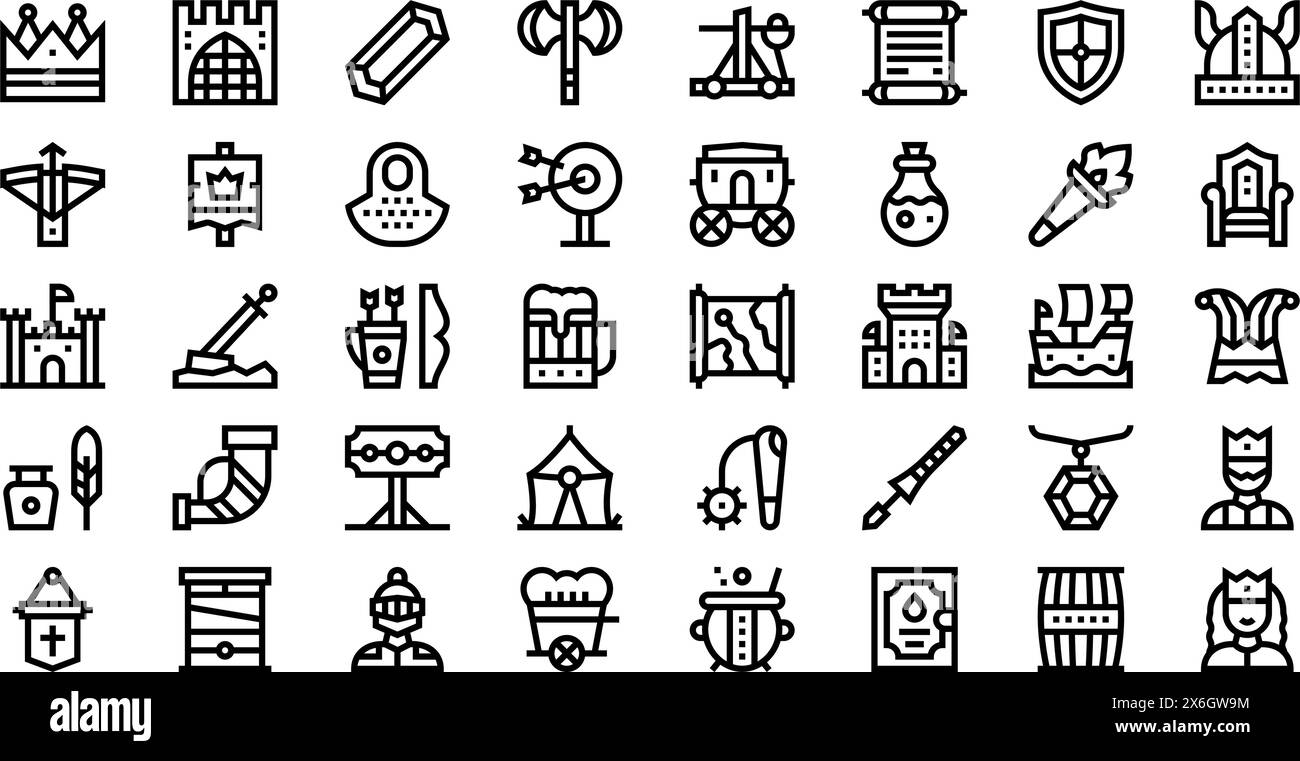 La raccolta Medieval Icons è un'illustrazione vettoriale con traccia modificabile. Illustrazione Vettoriale