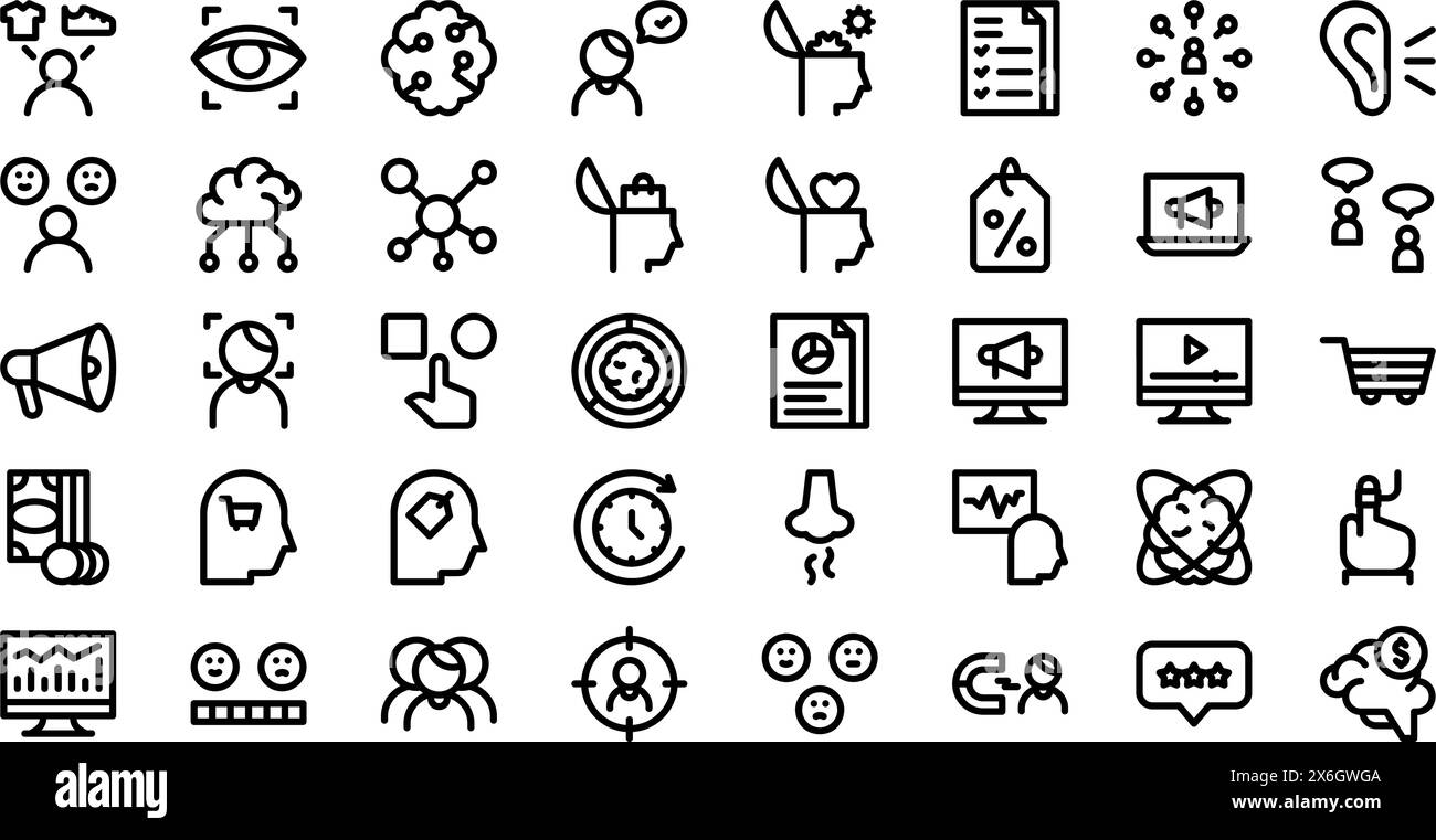 La raccolta Neuromarketing Icons è un'illustrazione vettoriale con tratto modificabile. Illustrazione Vettoriale