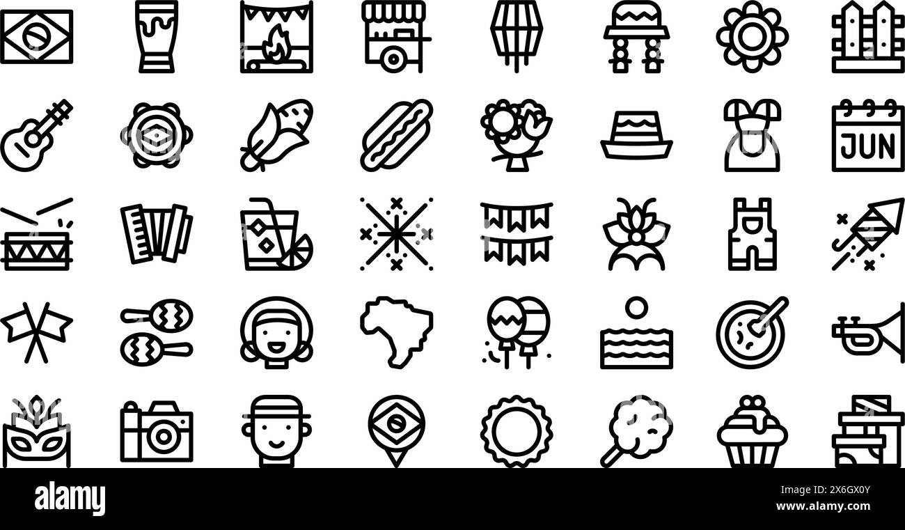 La collezione Festa Junina Icons è un'illustrazione vettoriale con tratto modificabile. Illustrazione Vettoriale