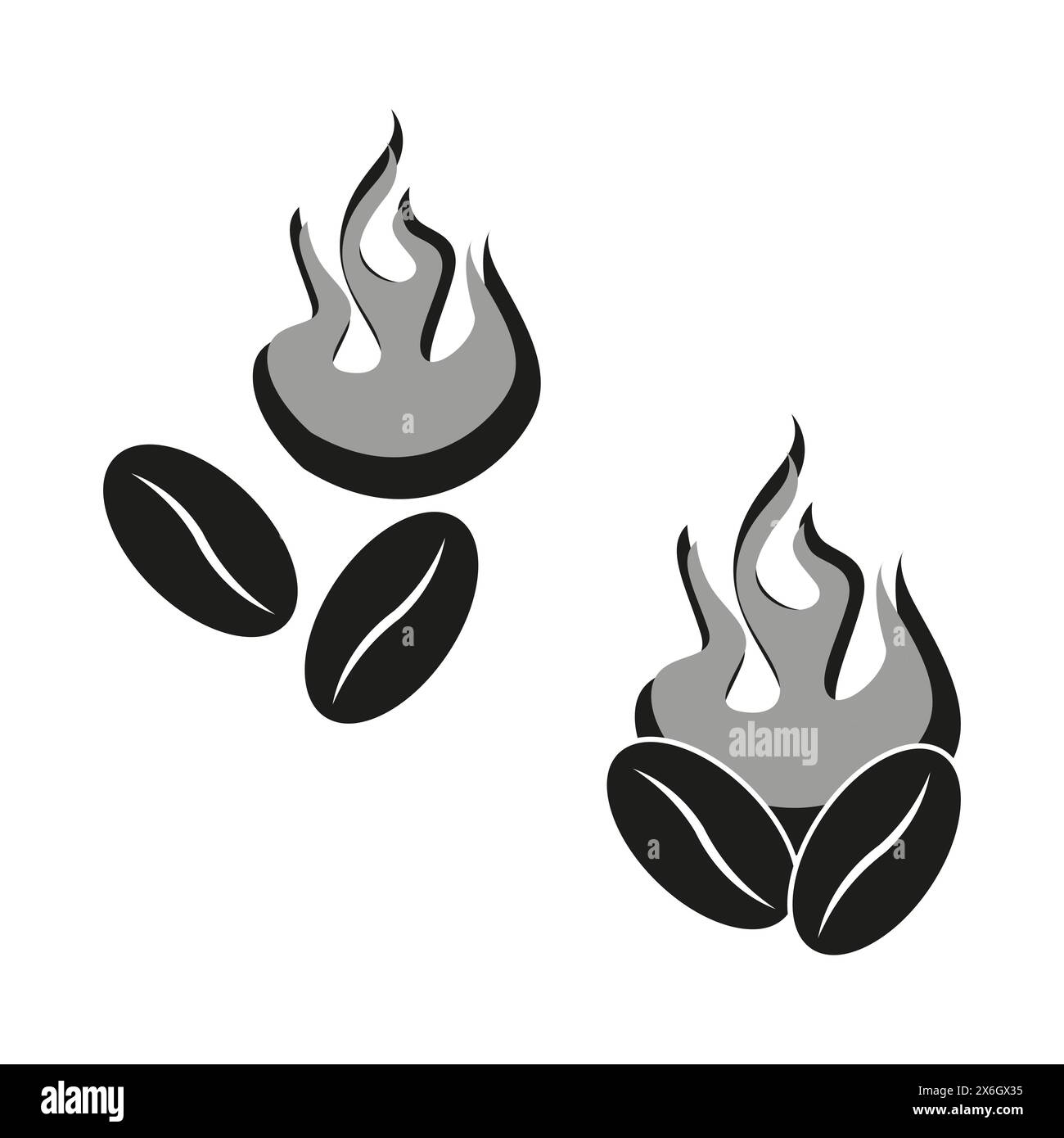 Icona chicchi di caffè e fiamme. Simboleggia il processo di tostatura. Tostatura scura, gusto fresco. Illustrazione vettoriale. EPS 10. Illustrazione Vettoriale