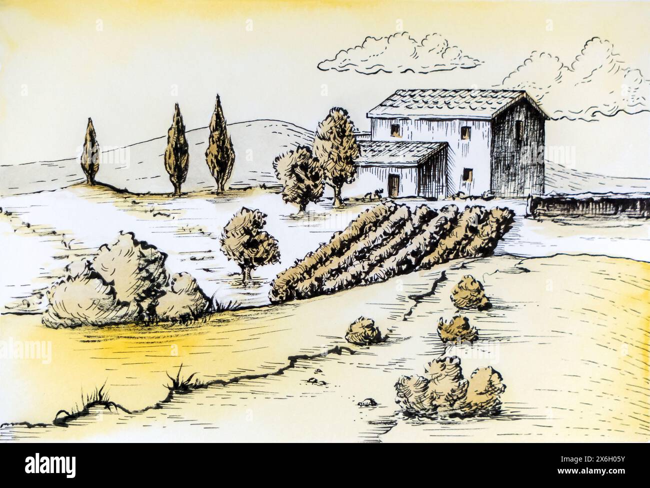 Disegno ad inchiostro e acquerello di un tipico paesaggio rurale mediterraneo. Illustrazione tradizionale su carta. Foto Stock