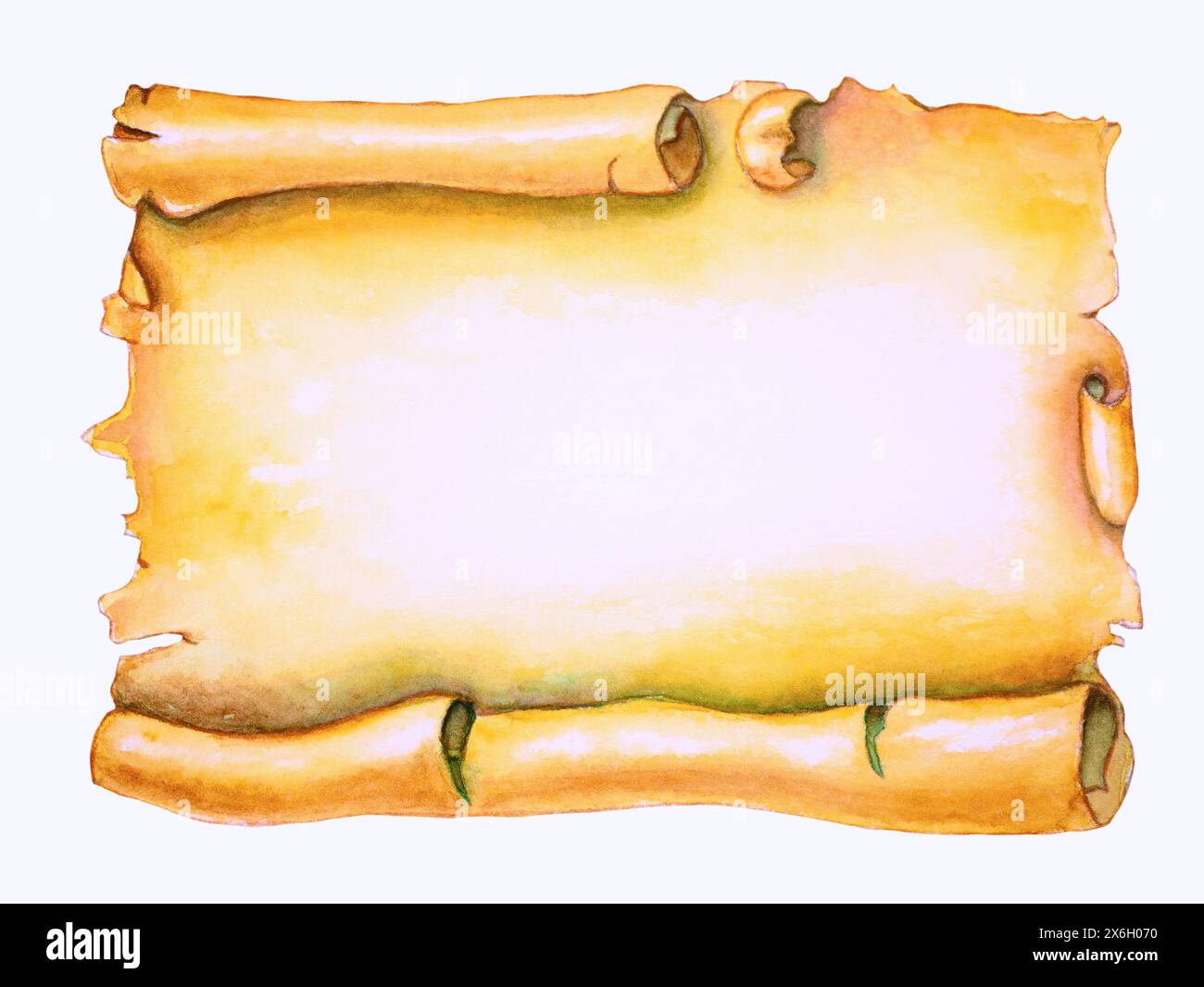 Disegno ad acquerello di un vecchio pezzo di carta vuoto. Illustrazione tradizionale su carta, la mia opera d'arte. Foto Stock