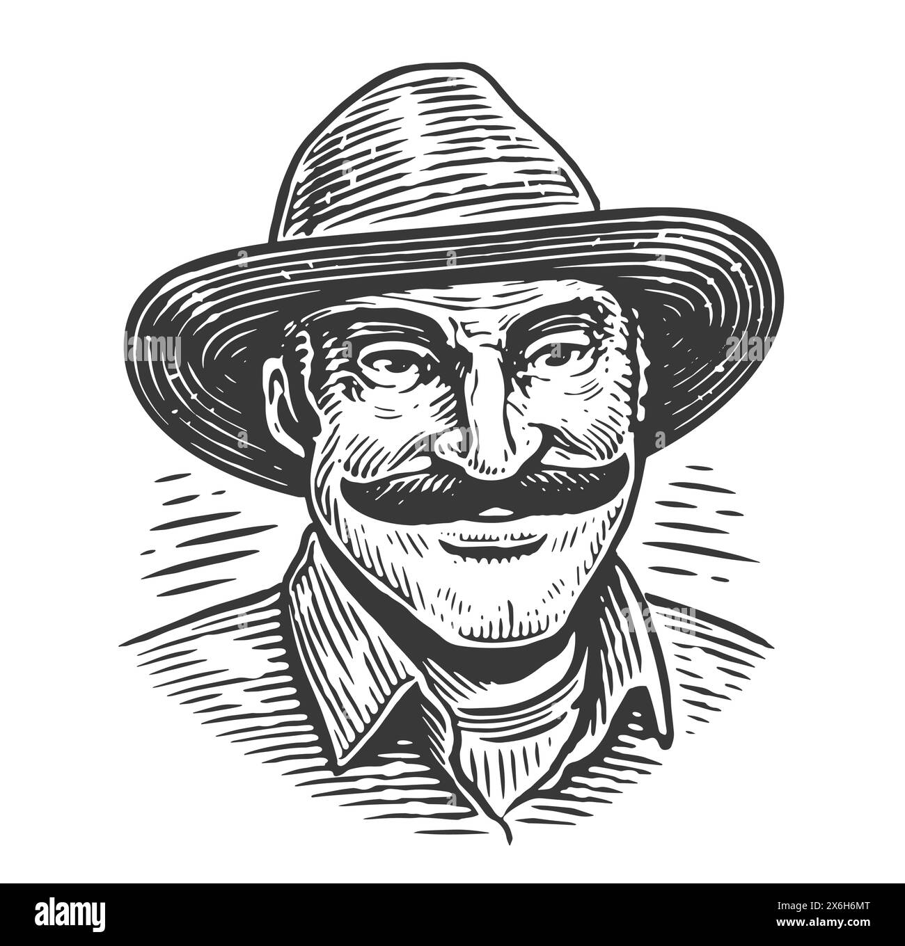 Felice contadino in cappello. Ritratto di un anziano lavoratore agricolo. Disegno vettoriale di schizzo disegnato a mano Illustrazione Vettoriale