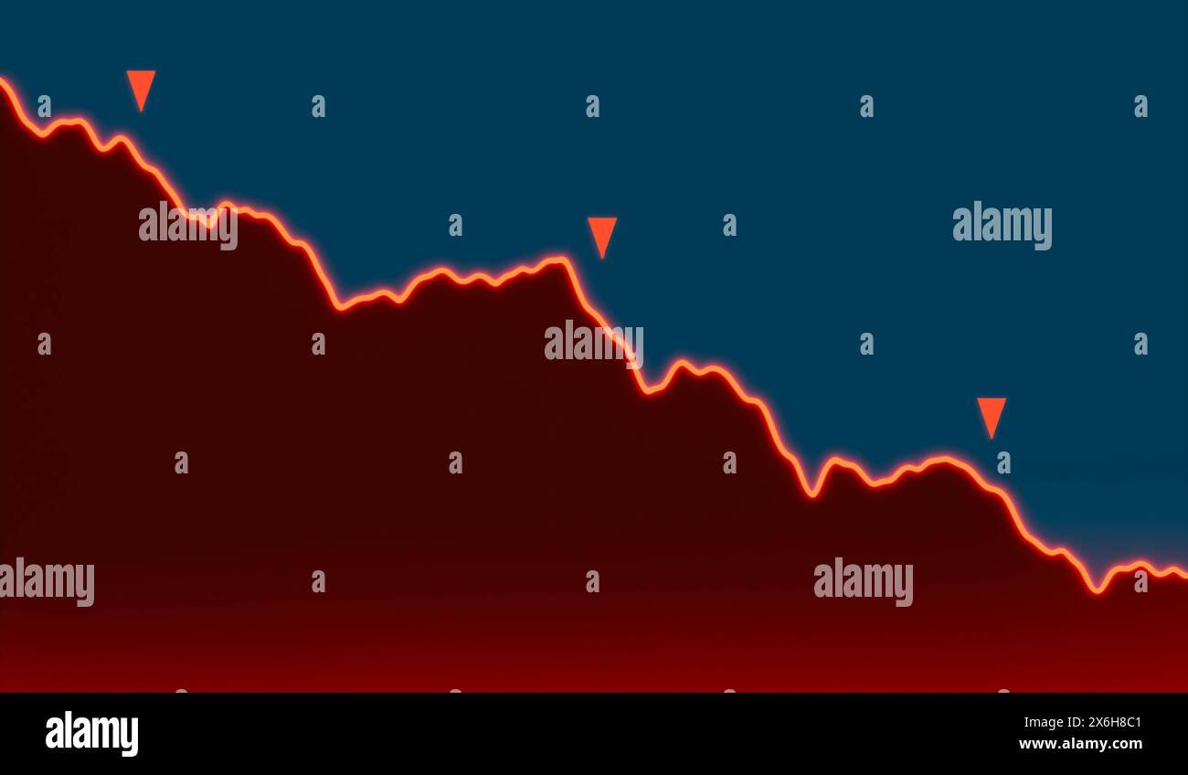 Grafico rosso che cade con frecce rosse. Grafico rosso che cade con le frecce rosse verso il basso. Borsa valori, mercato orso, crash, spostamento dwon, investimenti, crisi, era depressiva, affari. stock market161s02 chart moving down Foto Stock