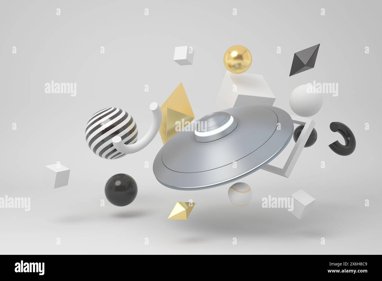 UFO con forme geometriche astratte fluttuanti Foto Stock