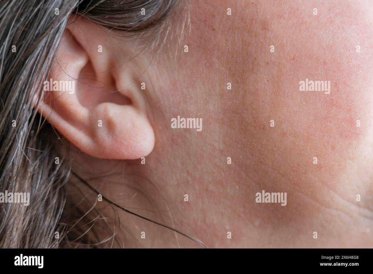 Donna matura caucasica che tiene l'orecchio doloroso primo piano, perdita dell'udito, fastidio all'orecchio, test dell'udito, salute delle donne, otite media acuta, trattamento e auto Foto Stock