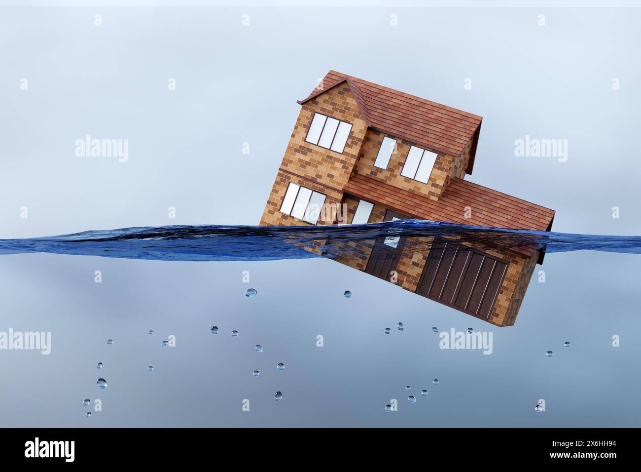 Casa indipendente che galleggia in acque limpide sotto il cielo blu. Illustrazione del concetto di crisi abitativa e problemi di inondazione delle zone residenziali Foto Stock