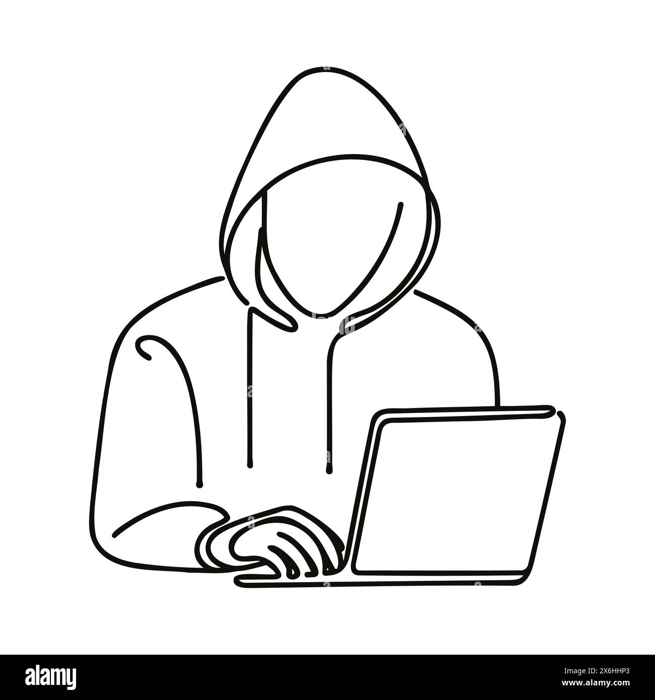 Simbolo di un hacker di sicurezza informatica continuo su una linea. Silhouette del ladro di sicurezza finanziaria online. illustrazione vettoriale. Illustrazione Vettoriale