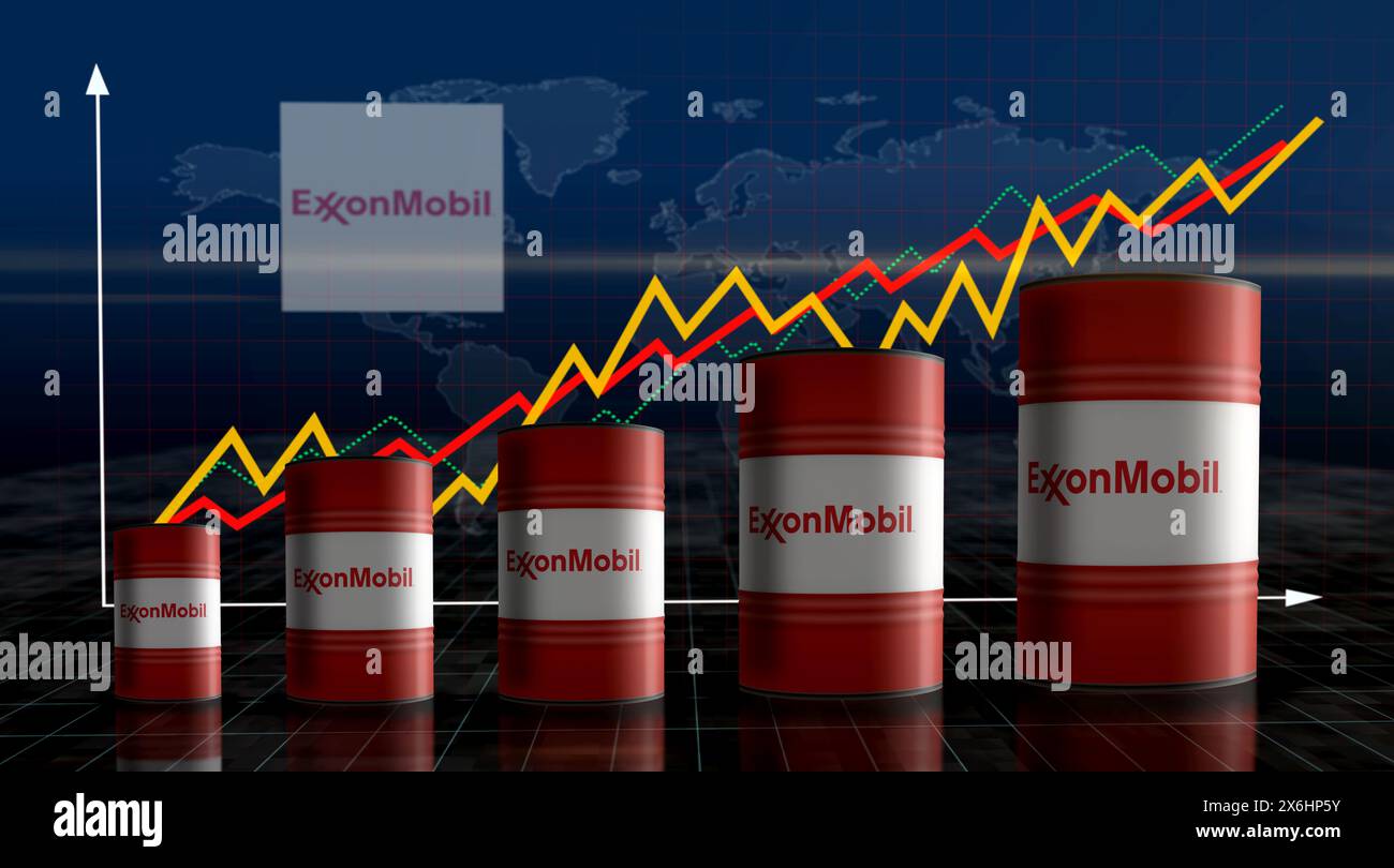 Poznan, Polonia, 12 maggio 2024: I barili di petrolio e gas ExxonMobile sono in crescita. Exxon Mobile e i contenitori di benzina con un aumento degli statisti Foto Stock