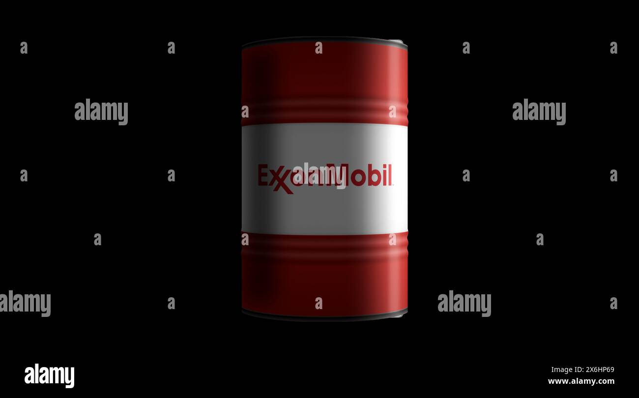 Poznan, Polonia, 12 maggio 2024: Il concetto di barili di petrolio e gas ExxonMobile è in corso di fila. Exxon Mobile e contenitori industriali a benzina illustrati 3d. Foto Stock