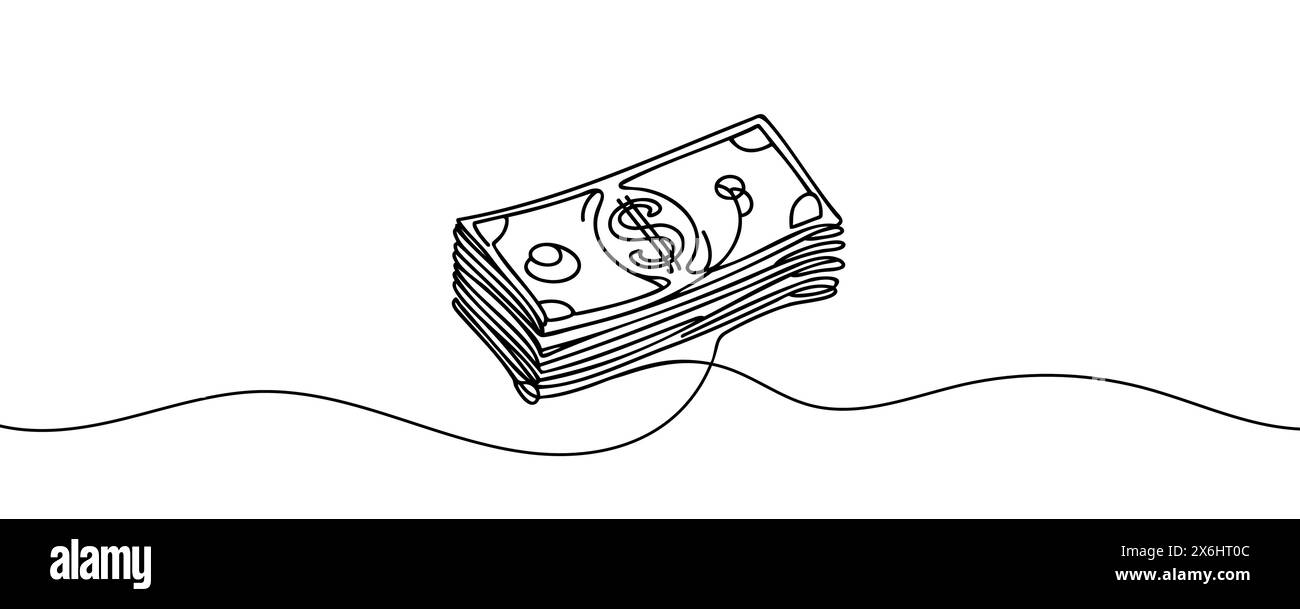 un mucchio di banconote, contanti, banconote, dollari, in un'unica linea. Disegno continuo di dollari. Illustrazione Vettoriale