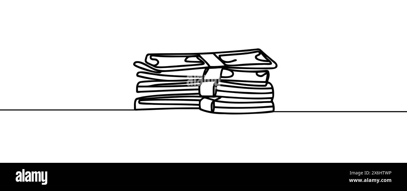 un mucchio di banconote, contanti, banconote, dollari, in un'unica linea. Disegno continuo di dollari. Illustrazione Vettoriale